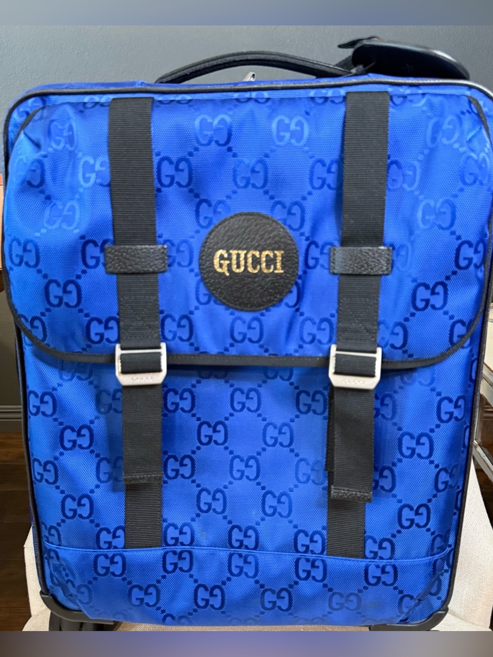 Gucci Off The Grid Royal Blue GG Canvas Carry On Travel Bag with Black Straps